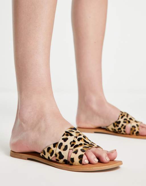 London Rebel leather loop front sliders in leopard