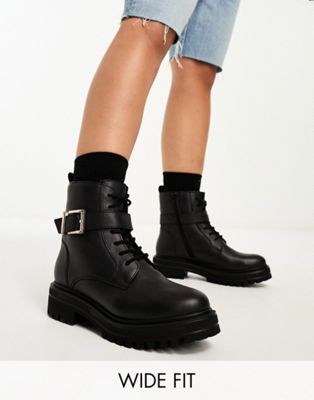 London Rebel Leather Wide Fit buckle lace up in black - ASOS Price Checker