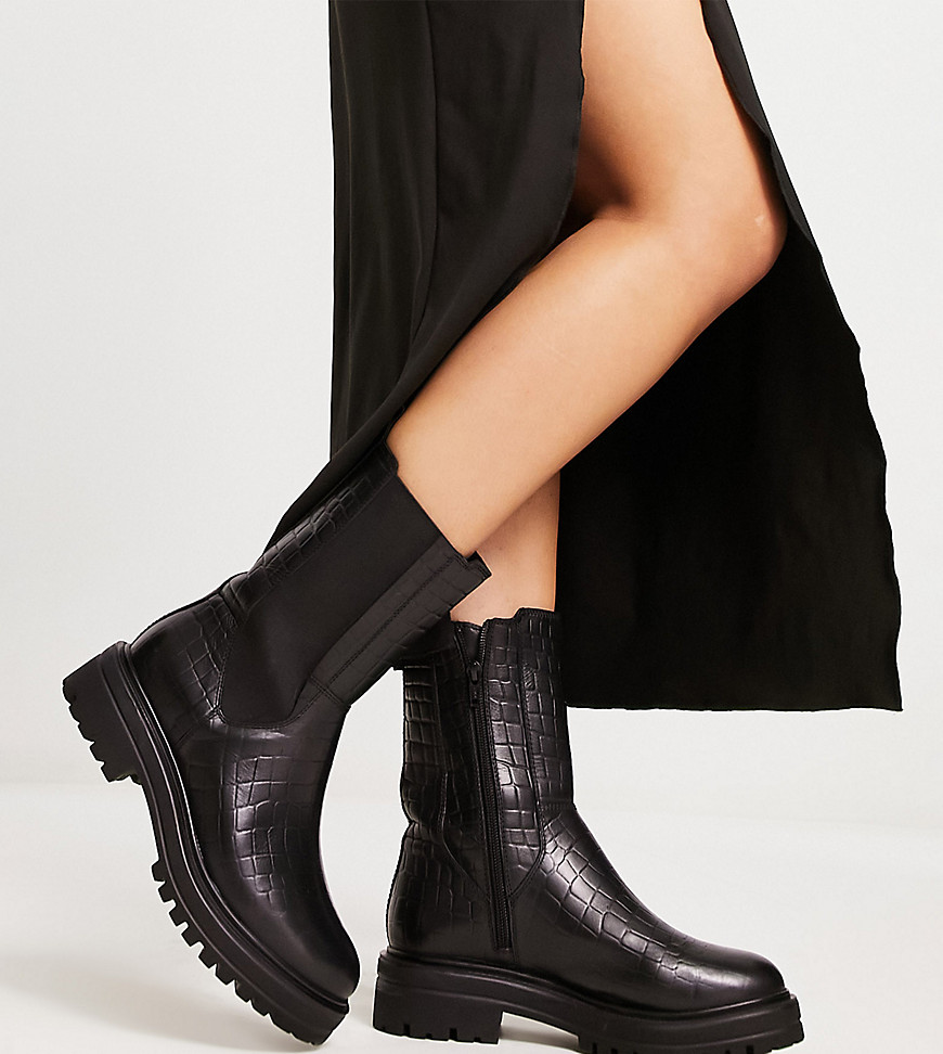 London Rebel Leather Wide Fit chunky chelsea boot in black croc
