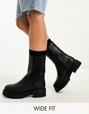 London Rebel Leather Wide Fit chunky chelsea boot in black