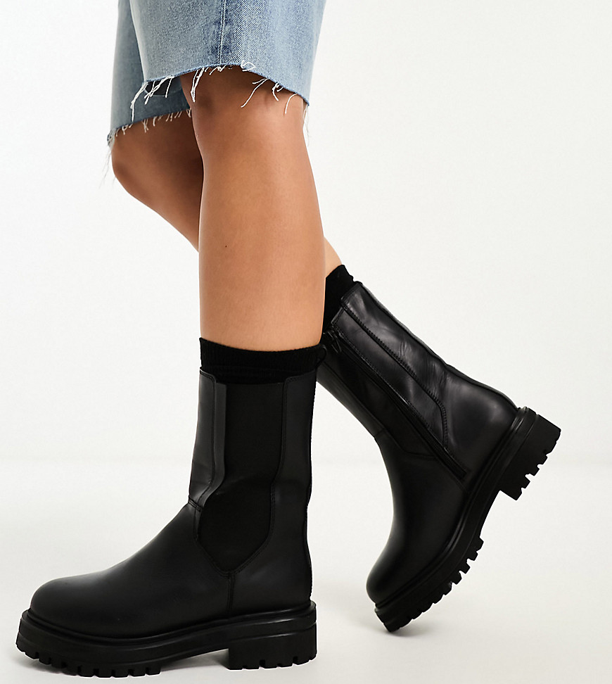 London Rebel Leather Wide Fit chunky chelsea boot in black