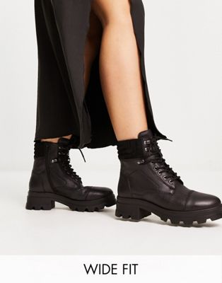 London Rebel Leather Wide Fit Chunky Hiker Boot In Black