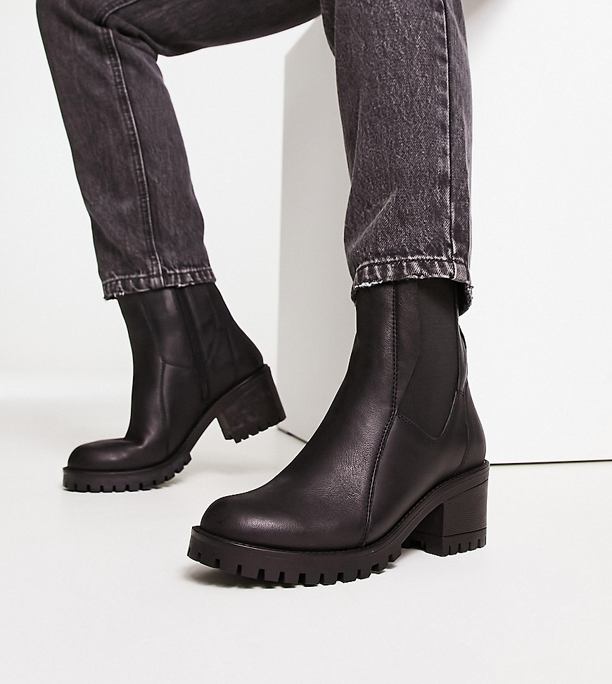 London Rebel Leather Wide Fit Heeled Chelsea Boots In Black