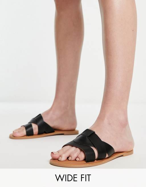 London Rebel Leather Wide Fit loop front slider in black