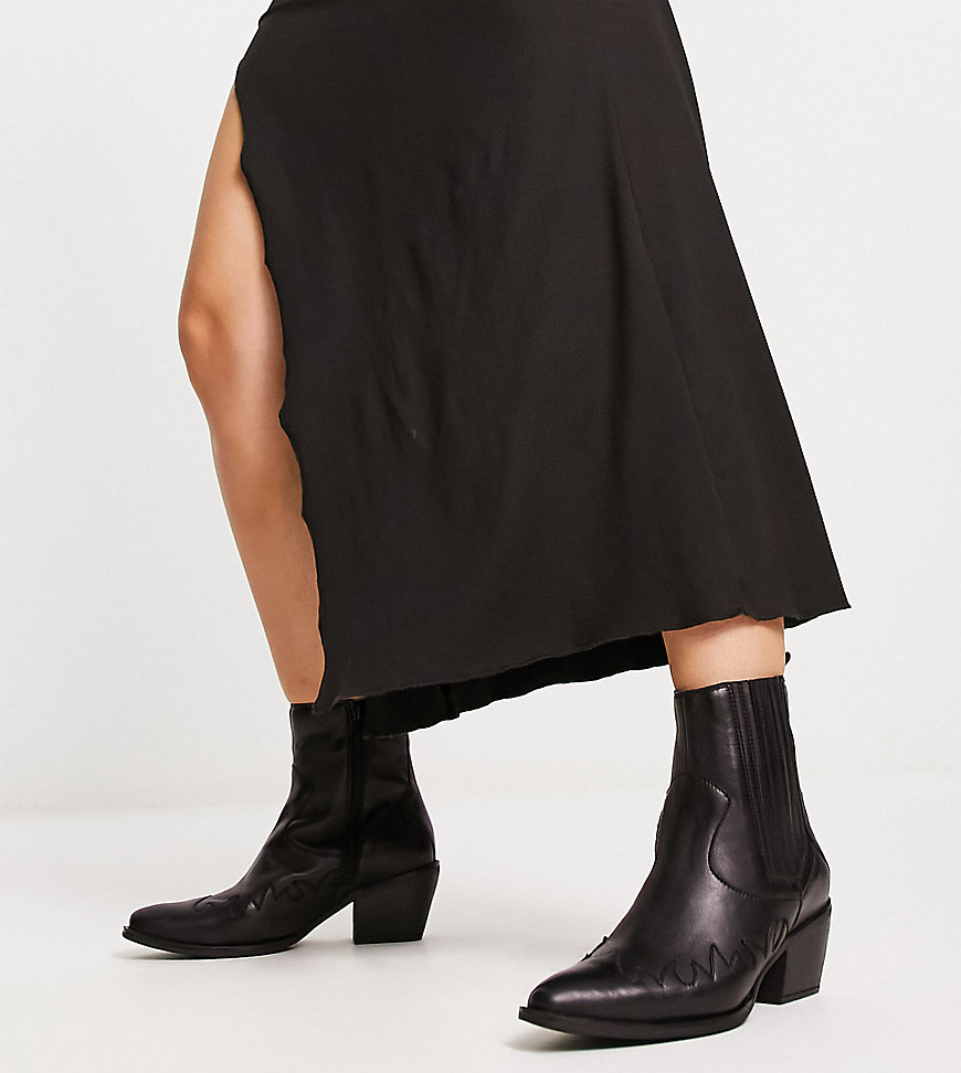 London Rebel Leather Wide Fit Western Ankle Boots In Black