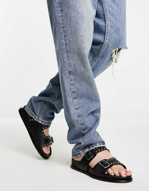 London Rebel Leren slippers met studs en gespen in zwart ASOS