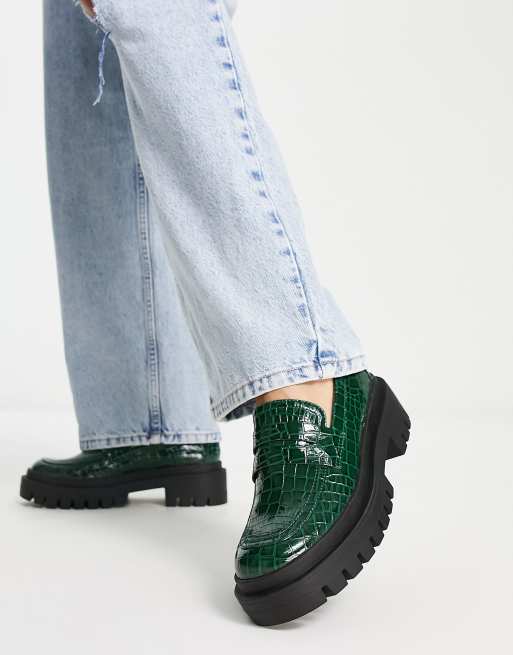 London Rebel – Loafer in Kroko-Smaragdgrün mit dicker Sohle