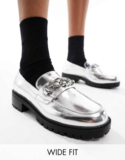 London Rebel - Loafers met brede pasvorm en dikke zool en schakels in zilver