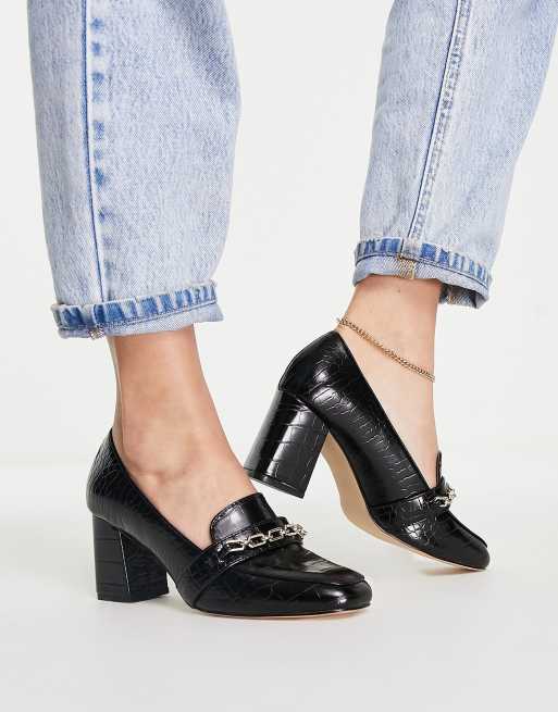London Rebel - Loafers met dikke plateauzool en gouden trens in zwart met krokodillenmotief