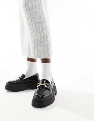 London Rebel - Loafers met dikke zool en kwastjes in zwart imitatiekrokodillenleer
