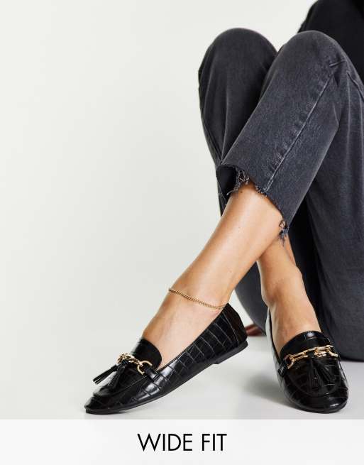 London Rebel - Loafers met metalen rand en brede pasvorm in zwart met krokodillenmotief