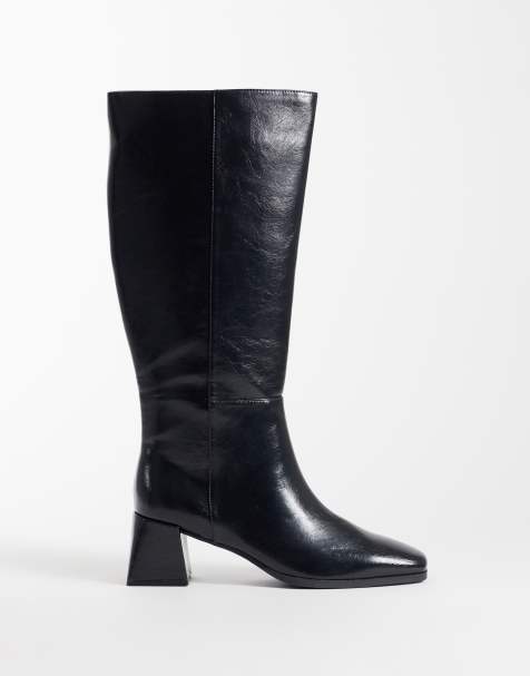 London Rebel Lola crinkle block heeled knee boots in black - view 1