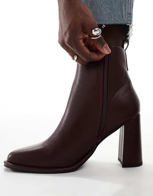 London Rebel Maddie block heel ankle boot in burgundy ASOS