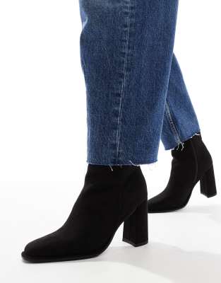 Maddie block heel ankle boots in black micro