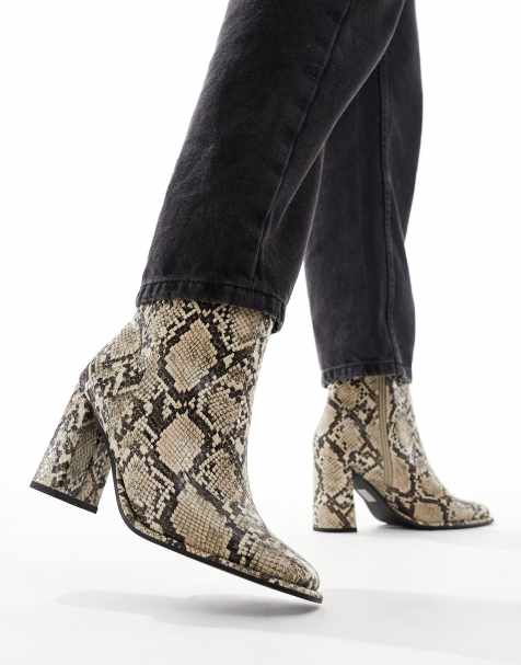 London Rebel – Maddie – Ormskinnsmönstrade ankelboots med blockklack - view 1