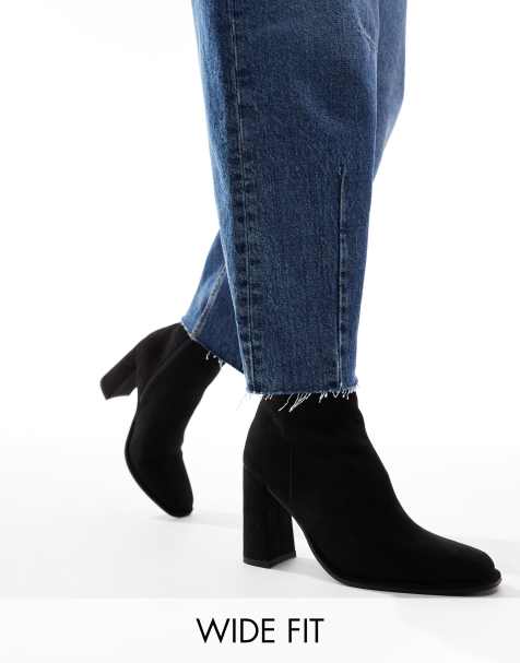 London Rebel Maddie wide fit block heel ankle boots in black micro - view 1