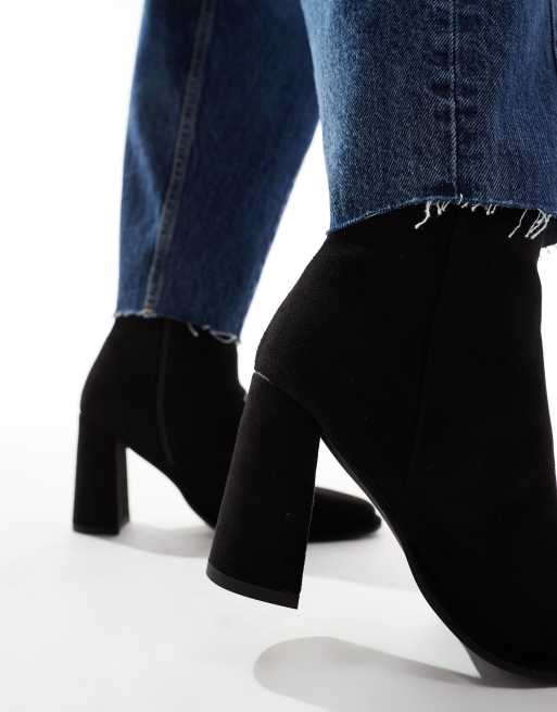 London Rebel Maddie wide fit block heel ankle boots in black micro