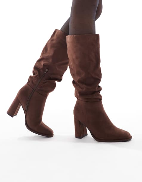London Rebel Maggie slouchy block heel boots in chocolate - view 1