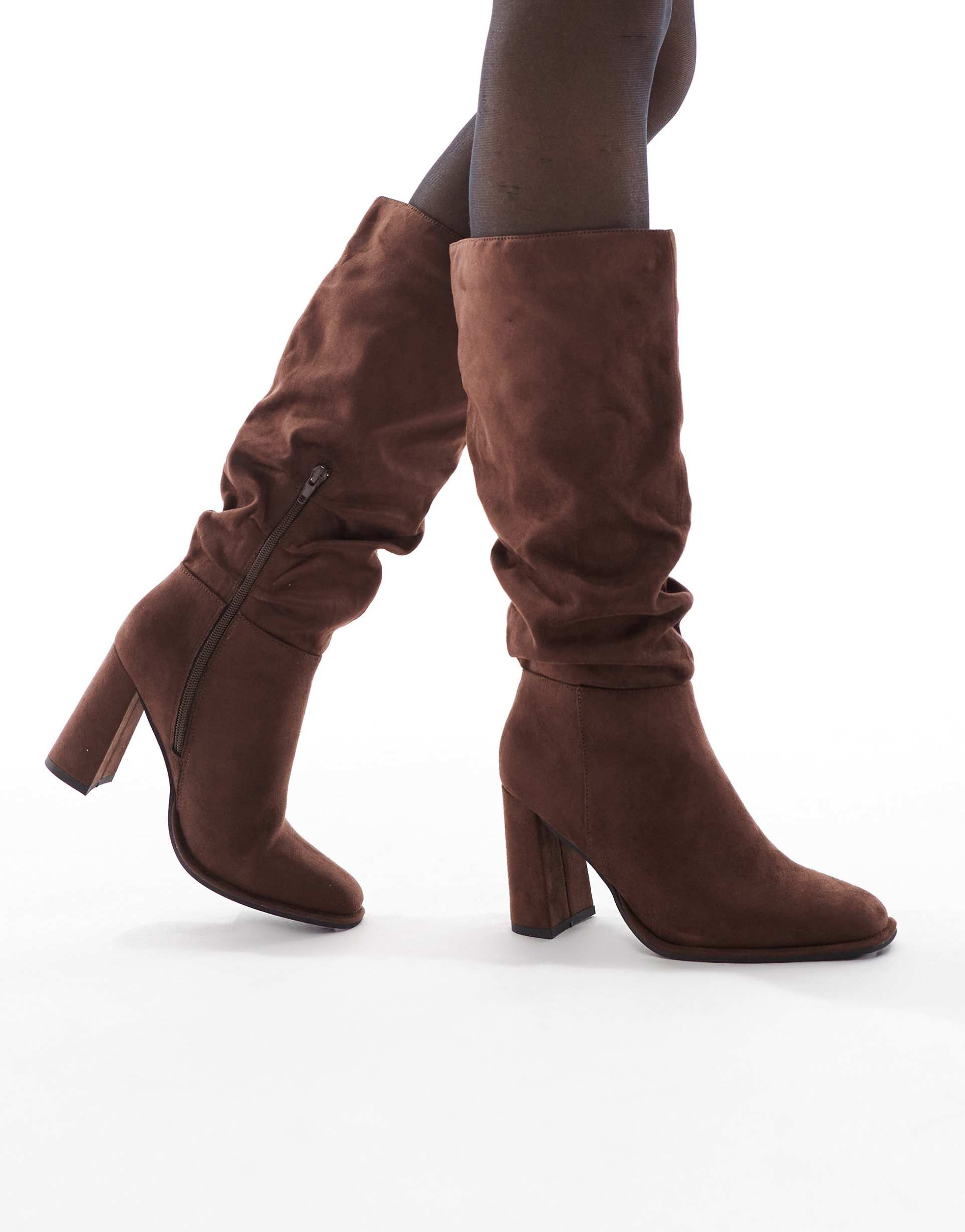 london rebel maggie slouchy block heel boots in chocolate