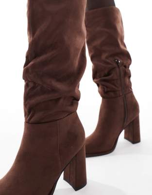 London Rebel Maggie Slouchy Block Heel Boots In Brown