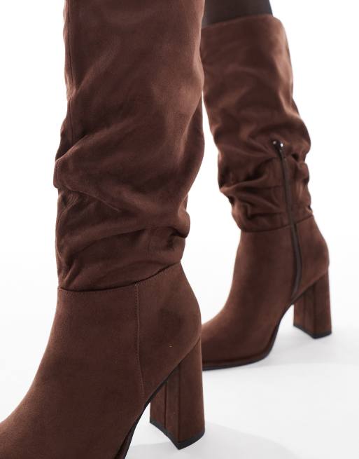 London Rebel Maggie slouchy block heel boots in chocolate, 2 of 4