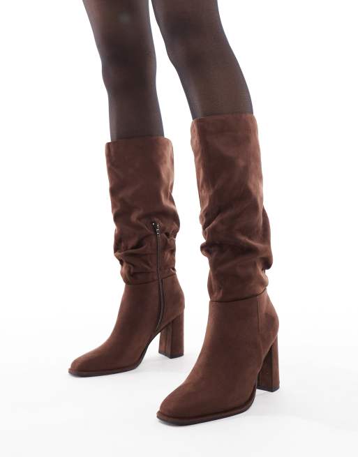 London Rebel Maggie slouchy block heel boots in chocolate, 4 of 4