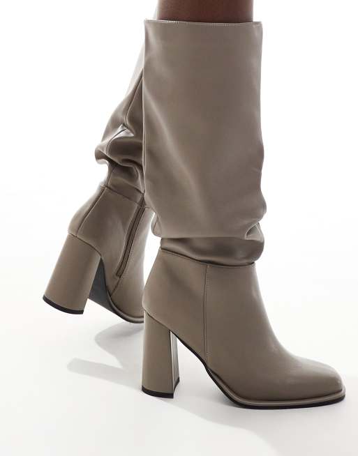London Rebel Slouchy Block Heel Boots in taupe Neutral