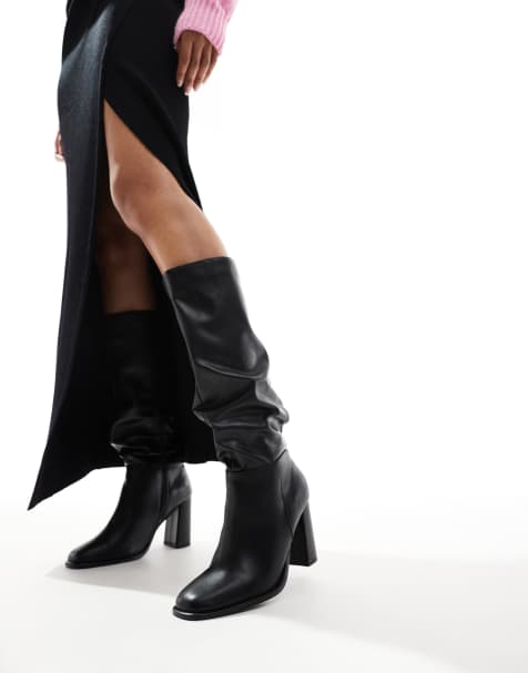 London Rebel Maggie wide fit slouchy block heel boots in black - view 1