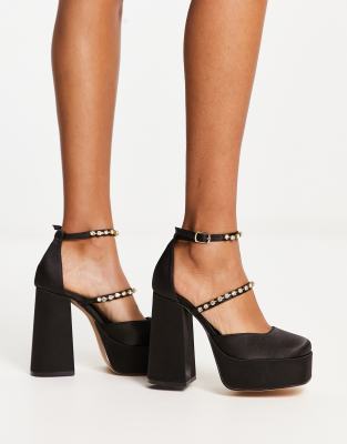 London Rebel Mega Platform Embellished Heeled Shoes In Black Satin