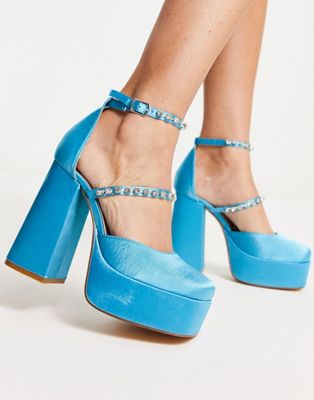 mega platform embellished heeled shoes in blue satin