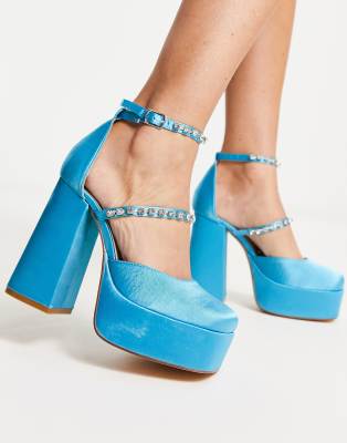 London Rebel Mega Platform Embellished Heeled Shoes In Blue Satin