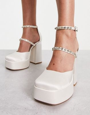 London Rebel mega platform embellished heeled shoes in ivory satin