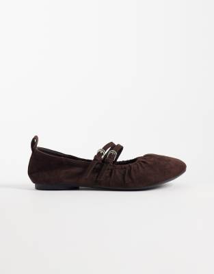 London Rebel Mia Faux Suede Strappy Ruched Ballet Flats In Brown