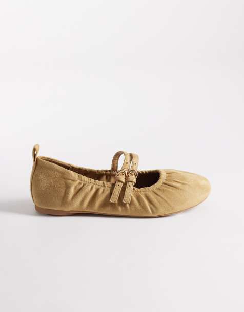 London Rebel – Mia – Geraffte Riemchen-Ballerinas aus Wildlederimitat in Taupe - view 1