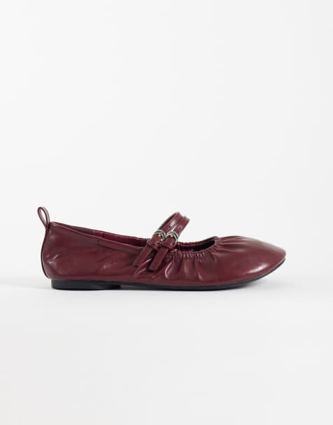 London Rebel – Mia – Geraffte Riemchen-Ballerinas in Burgunderrot - view 1