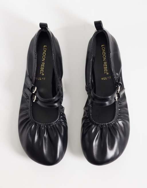 London Rebel – Mia – Geraffte Riemchen-Ballerinas in Schwarz, 3 von 4