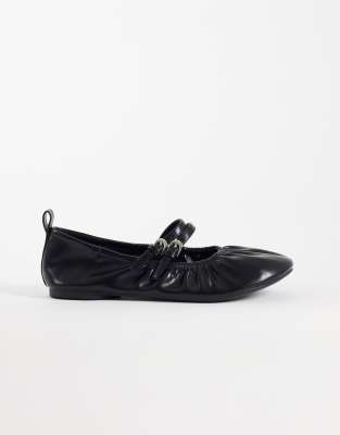 London Rebel Mia Strappy Ruched Ballet Flats In Black
