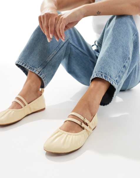 London Rebel Mia strappy ruched ballet flats in buttermilk yellow - view 1