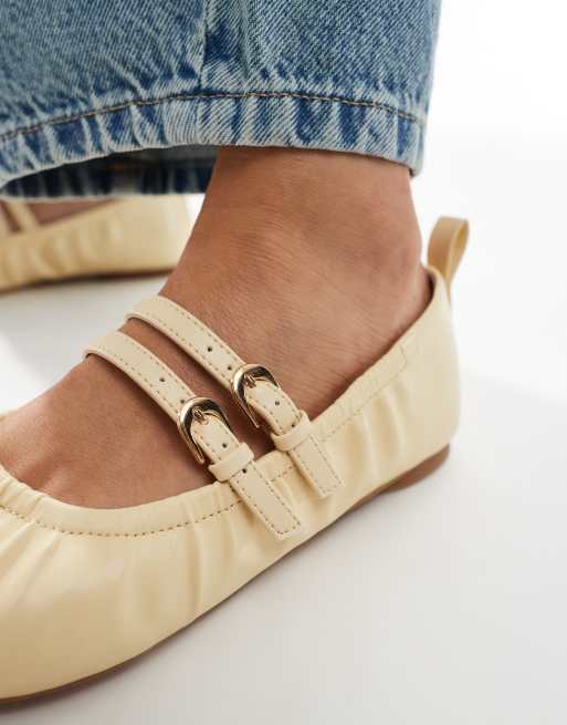 London Rebel Mia strappy ruched ballet flats in buttermilk yellow