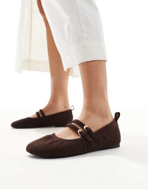 London Rebel Mia strappy ruched ballet flats in chocolate - view 1