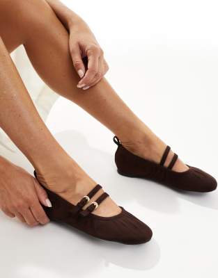 London Rebel Mia Strappy Ruched Ballet Flats In Brown