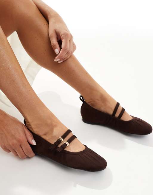 London Rebel Mia strappy ruched ballet flats in chocolate