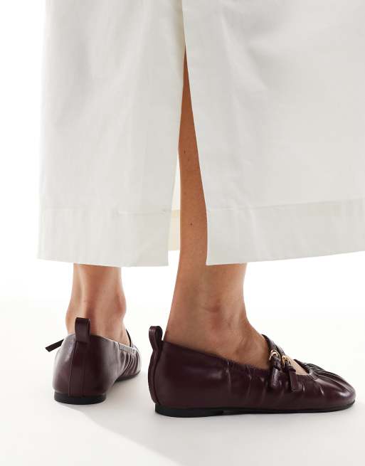 London Rebel Mia strappy ruched ballet flats in dark cherry