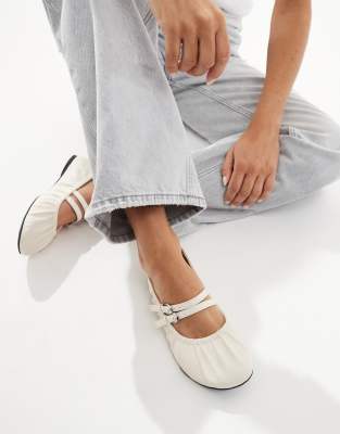 Mia strappy ruched ballet flats in ecru-White