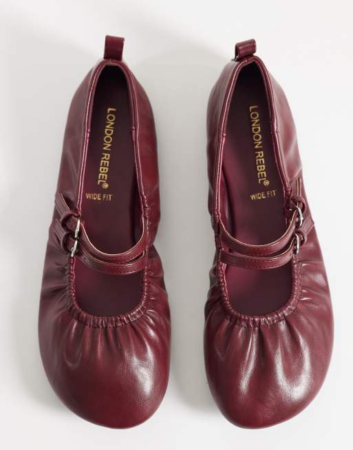 London Rebel – Mia – Vinröda ballerinaskor med remmar och rysch, 3 av 4