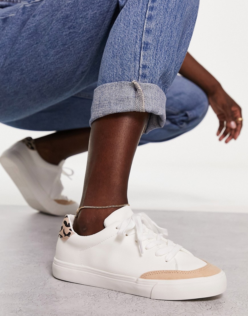 London Rebel minimal lace up sneakers in white with leopard-Multi