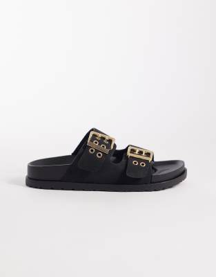 London Rebel London Rebel Morgan double buckle flat sandals in black