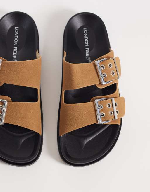 London Rebel Morgan double buckle flat sandals in tan, 2 of 4