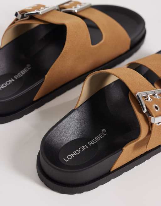 London Rebel Morgan double buckle flat sandals in tan, 3 of 4