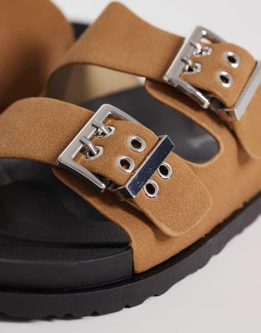 London Rebel Morgan double buckle flat sandals in tan, 4 of 4